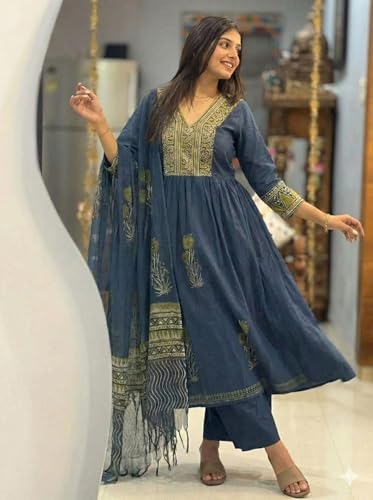 Image of ANNI Designer Women Printed Gathered Kurta Palazzo Dupatta Set Viscose Blend Kurti Suit Ladies Ethnic Wear for Festive Office Casual Use