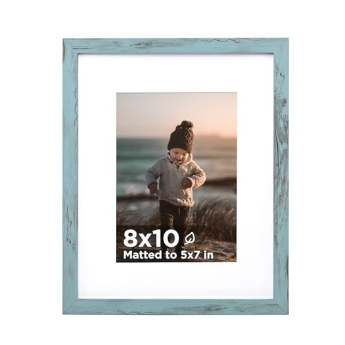 KINLINK 8x10 Picture Frame Turmaline Blue, Wooden Photo Frame Matted 5x7 with Plexiglass for 5x7 with Mat or 8x10 without Mat for Table and Wall Display