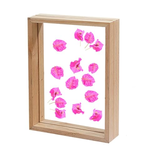 Image of Desi Rang Wooden Rectangular Frame For Wall Decor Table Top Hanging Any Green Or Dry Plant Leaf Picture Photo DIY Gift Home Decoration (Natural,Rec,7.7X5.5 Inch,With Pink Flower)