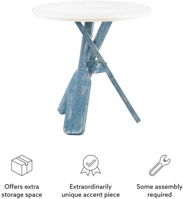 Pemberly Row Transitional Wood Side Table, 22 in Round Distressed Cream and Blue Finish, Beveled Top with Nautical Oar Base, Coastal Style for Living Room, Sunroom or Office