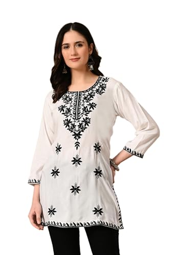 Image of LIBOZA Women's Chikankari Embroidered Short Kurti, Rayon Fabric, Three-Quarter Sleeves, Available in Pink, Black, Mustard Yellow, White, Pista and Green