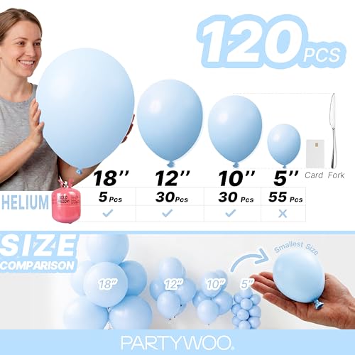 Image of PartyWoo Baby Blue Balloons 120pcs Light Pastel Sky Aqua Blue Color | Different Sizes of 18 12 10 5 Inch Balloons for Graduation Gender Reveal Easter Birthday Wedding Party Decorations Blue-Q13