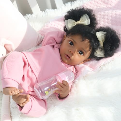 WOOROY Reborn Baby Dolls Girl Black African American - 20 Inch Realistic Newborn Baby Doll in Pink Outfit, Soft Cloth Body with Full Accessories, Gift for Kids Aged 3+ by WOOROY - Image 8