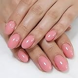 32pcs Pink Press on Nails Short Oval Pink Fake Nails with Designs Reusable Solid Color False Nails Glossy Full Cover Glue on Nails for Women Nail Decorations