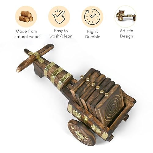 Image of This Set of six Wooden Drink Coasters is Perfect for Office and Home use and May be Used for Coffee Mugs, Tea Cups, Beer cans, bar tumblers, and Water Glasses. Wood cart