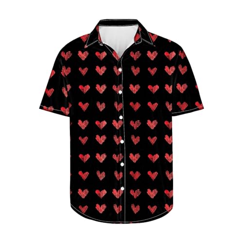Heart Print Shirts for Men 2025 Spring Beach Vacation Short Sleeve Tees Basic Lapel Button Down Tops
