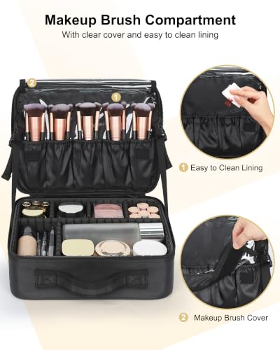 Image of Relavel Makeup Bag Large Cosmetic Bag Travel Train Case Toiletry Bag for Women with Adjustable Dividers, Travel Essentials Organizer Case Storage Box for Skincare, Brushes, Black