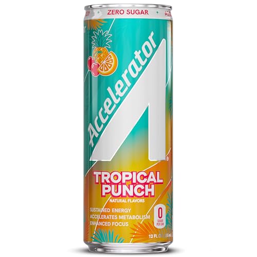 Image of Accelerator Active Energy Drink, Tropical Punch, 12oz can (12 pack) | Zero Sugar, Sustained Energy from 100% Natural Caffeine (200mg from Green Coffee Bean & Green Tea extract)