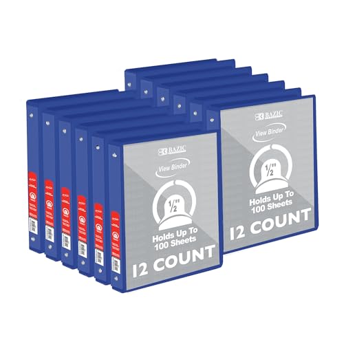 Image of BAZIC Products 1 /2 inch Blue 3-Ring View Binder, Round Ring, 2 Pockets, 12-Case | 1 /2 in Blue view 3-ring binder; round rings; 2 inside pockets; holds up to 100 sheets; Durable poly cover