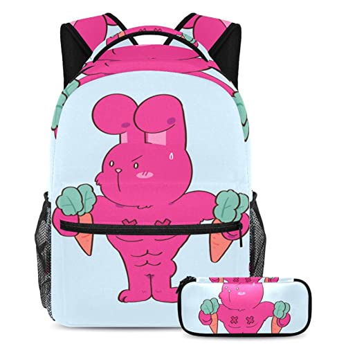 Sac à dos lapin rose en lot de 2 avec trousse, le cadeau d'école parfait