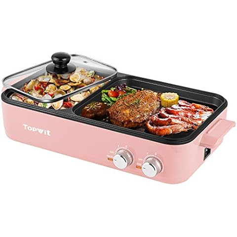 Topwit Hot Pot Electric with Grill, 2 in 1 Indoor Non-stick for Steaks, Shabu Shabu, Noodles, Simmer and Fry, Korean BBQ Grill, Independent Dual Temperature Control, Pink Cover