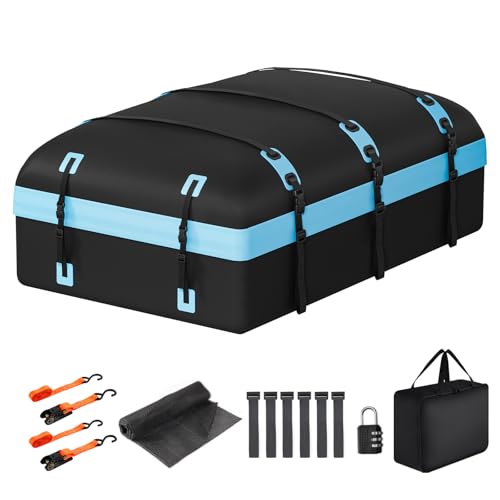 CARFORU Car Rooftop Cargo Carrier Bag, 30 Cubic Feet Waterproof Soft-Shell Car Roof Bag for All Vehicle with/Without Rack, Include Anti-Slip Mat, Reinforced Straps, Door Hooks Luggage Lock (Blue)