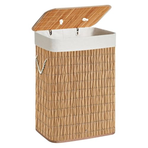 Wäschekorb mit Deckel, Wäschesammler aus Rattan mit Griff, abnehmbare und waschbare Innenhülle, verstärkte Bambusstreifen an der Innenwand (Natural, 72L (40 x 30 x 60 cm))