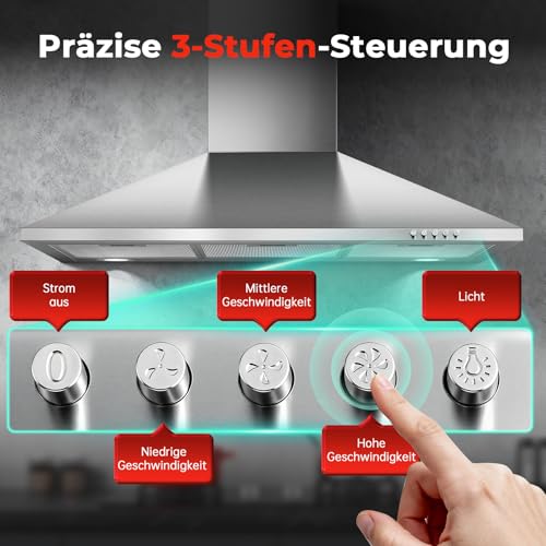 SNDOAS Dunstabzugshaube 90cm Umluft, A+++ Pyramide Abzugshaube mit 400m³/h, inkl. Aktivkohlefilter für Abluft/Umluft, LED-Beleuchtung & 3 Stufen, Silber Edelstahl Wandhaube