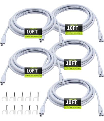 T5 T8 Extension Cords 10ft Lamp Connecting Wires 3-Prong Power Cables Female to Female End Connectors for LED Tube Under Cabinet Shop Lights(5Pack-9.98FT)