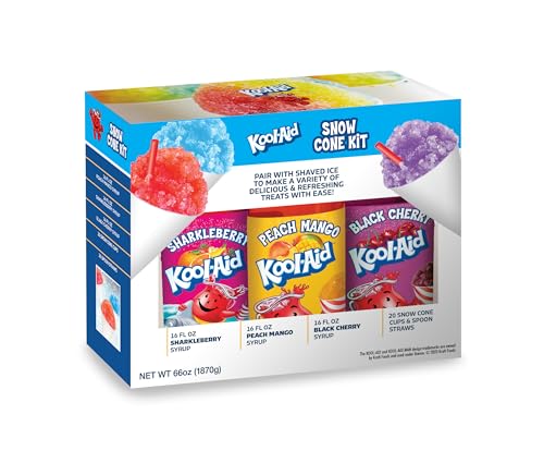 Image of Kool-Aid Snow Cone Syrup Party Kit - Sharkleberry, Peach Mango, Black Cherry - 20 Snow Cone Cups & Spoon Straws