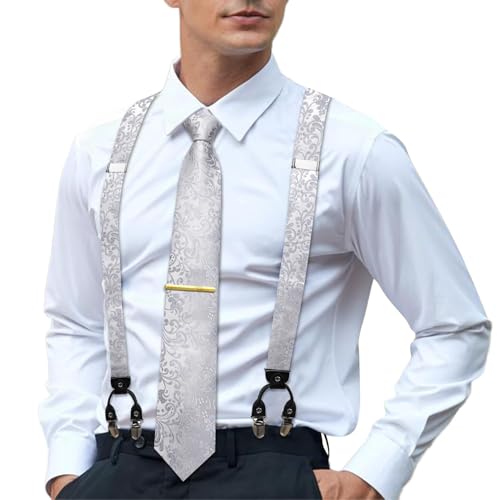 Image of Hi-Tie Men's Suspenders and Tie Set Silk Adjustable Elastic Y Braces with Strong 6 Clips Pocket Square Set