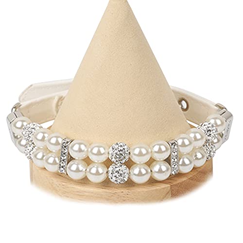 Image of HOWWFALY Dog Cat Pearl Collars with Crystal Rhinestone PU Leather Collars Necklace Adjustable CollarDog Chain Cat White Pearl Pet Collar(White, Large)