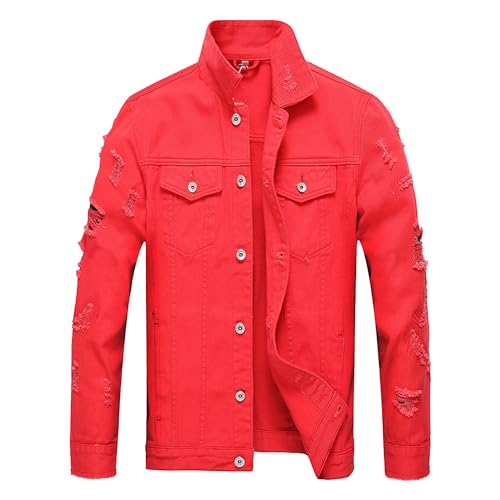 Veste en jean punk rouge coupe ajustée veste denim délavée confortable à boutons