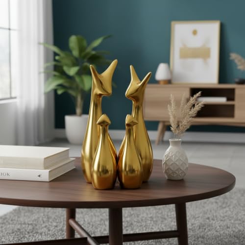 Image of Xtore Home Decor Lucky Deer Statue Family Metallic Gold Finish Ceramic Figures | | Elegant Family Deer Showpiece for Living Room, Office, Hall, Shelf Decoration - (Set of 4, Golden Set)