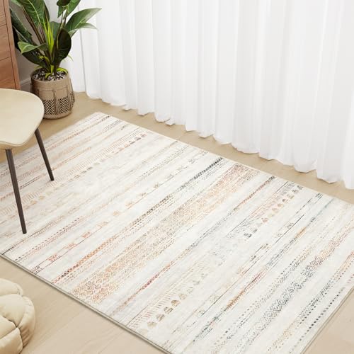 3x5 Area Rug Machine Washable Non Slip Rug Distressed Neutral Moroccan Boho Rug Ultra Soft Indoor Rugs for Bedroom Living Room Entryway Kitchen Foyer Bedside, Multi-Color
