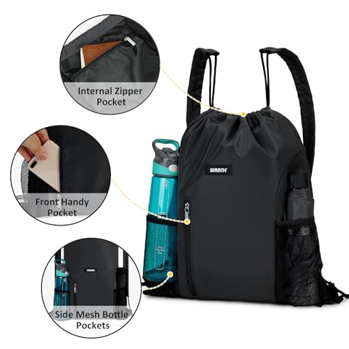 WANDF Kordelzug-Rucksack mit Schulterpolster, Sport-Gym-Rucksack mit Netztasche, Kordelzug-Rucksack für Damen und Herren (Schwarz)