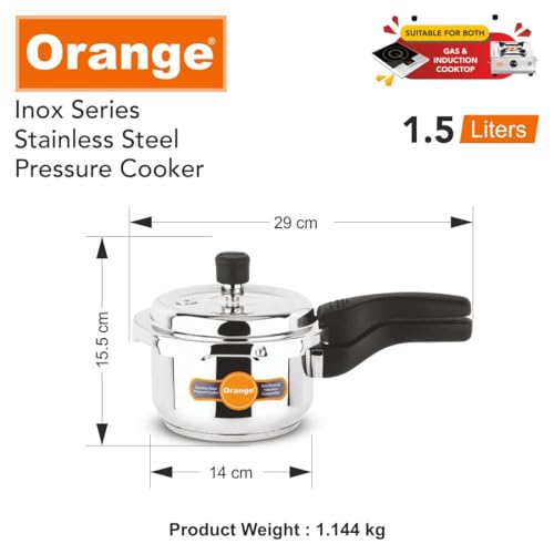 Image of Orange Inox Series Cute Small Stainless Steel Outer Lid Pressure Cooker With Sturdy Handle 1.5L | Induction Friendly | Deep Lid for Spillage Control | 2.5mm Base Thickness | 5Year Warranty | Silver