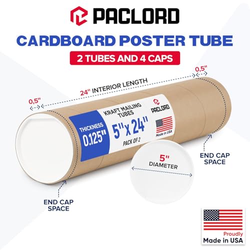 5" x 24" Reinforced Kraft Paper Mailing Tube, Pack of 2 Tubes with 4 Cap – Secure USPS Approved – Cardboard Poster Mailer for Shipping and Storing of Prints, Artwork, Posters, or Documents by Paclord - Image 2