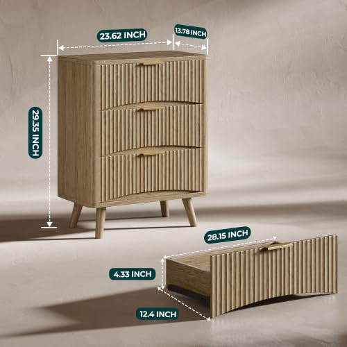 Image of Evermagin 29 inch Tall Fluted Nightstand Set of 2 with 3 Drawers | Oak Night Stand,Wooden Bedside Table, Mid Century Modern Side Table for Bedroom, livingroom