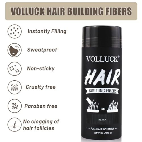 VOLLUCK Hair Fibers for Thinning Hair, Instant Coverage Hair Building Fibers for Women and men, Natural Hair Powder for Conceal Hair Loss 28 g (Black)