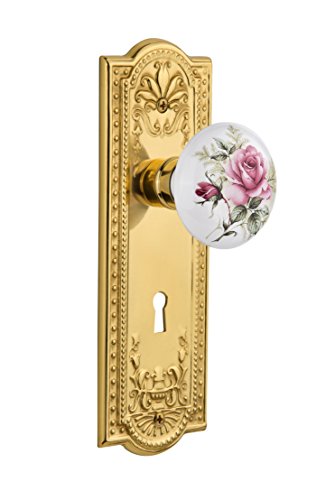 Nostalgic Warehouse Meadows Plate with Keyhole White Rose Porcelain Knob, Single Dummy, Polished Brass