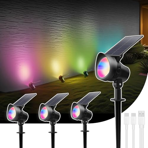 ALUSSO® Multicolor Solar Lights Outdoor Dimmable, Color Changing Solar Spotlights Outdoor with 9 Lighting Modes, RGB Landscape Spotlights Waterproof for Christmas Garden Yard Halloween, 4 Pack