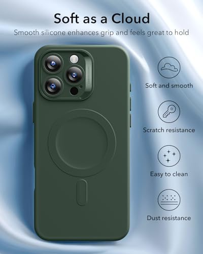 Image of ESR for iPhone16 Pro Max Case with MagSafe, Supports Magnetic Charging, Smooth & Slim Silicone Case, Shockproof, Full Screen and Camera Protection, Soft Microfiber Lining,Green