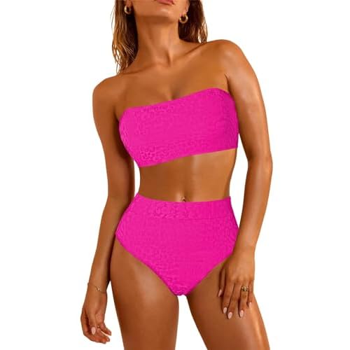 Pink Queen Women 2 Piece Bandeau Swimsuits Strapless Textured Bikini Set High Waisted Bathing Suits X-Large Rose Red