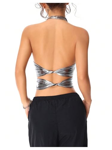 SOLY HUX Women's Halter Crop Tops Y2k Metallic Cowl Neck Open Back Concert Going Out Top Streetwear2