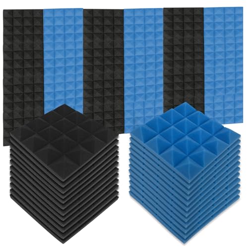 24 Pack Set Acoustic Panels, 25 x 25 x 5cm Noise Absorption Acoustic Foam Panels, 5cm Thickness High Density Sound Proofing Panels for Studio, Cinema (12 Black+12 Blue)
