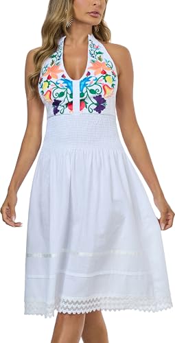 Image of Womens Mexican Floral Embroidered Halter Maxi Dress Side Slit Boho Dress
