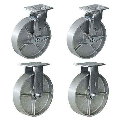 Handsammu 8'X 2' Heavy Duty Casters, Casters Set of 4 Total Capacity 5200 lbs-Semi Steel Cast Iron Casters, Widely Used in Furniture, Work Brench, Tool Box (2Brake&2Rigid), Silver