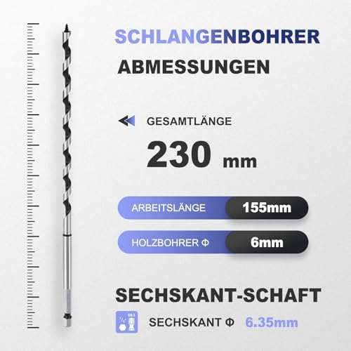3 Stück Schlangenbohrer 6mm x 230mm Holzbohrer mit Selbstzentrierende Gewindespitze und 6.35mm Sechskantschaft für Holz