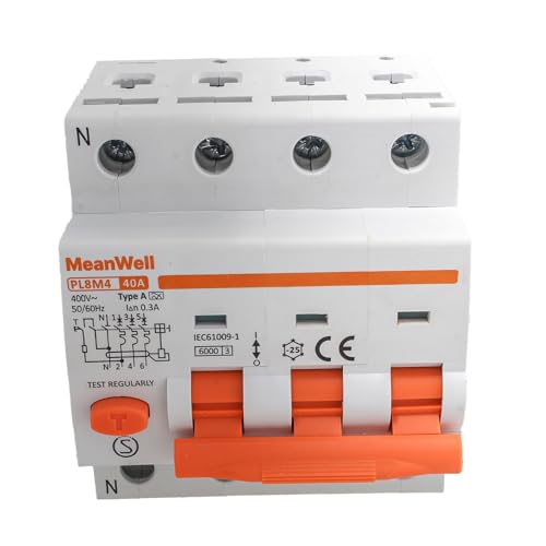 MeanWell Interruptor magnetotérmico diferencial trifásico tipo A 300 mA, RCBO 3P+N C40 40 A, curva C 6000 A 380 V, 4 polos de 4 módulos barra DIN