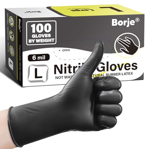 Borje Nitrile Gloves Large, 6 Mil 100 Count Disposable Gloves, Black, Latex & Powder-Free, Medical Exam, Food Safe, Cooking, Mechanic, Automotive
