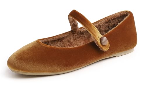 Feversole Women's Comfort Ballet Flats Strap Comfort Casual Mary Jane Shoes Camel Velvet Fur Lined Patent UK Size 6.5