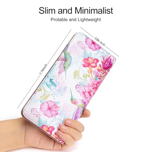 Image of Ultra Slim Thin Leather Women Wallet Rfid Blocking Credit Card Holder Bifold Clutch (Flowers and Hummingbirds)