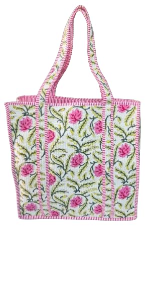 Floral Handprinted Large Quilted Tote Bags | Boho Overnight Weekender Beach Tote Bag | Eco Friendly Shopping Grocery Travel Bags For Women (16x15x5