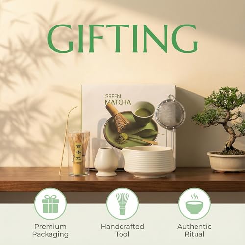 Marjoramy Matcha-Set, Matcha-Schale mit Ausguss, Matcha-Besen, Matcha-Löffel, 5-teiliges Keramik Matcha Sets, Bambus-Matcha-Rührer-Set, Hochwertiges Matcha-Zubehör für Matcha-Liebhaber (B)