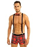ACSUSS Men's Plaid School Boy Lingerie Boxer Briefs with Y Back Suspenders Outfits Set Red Medium