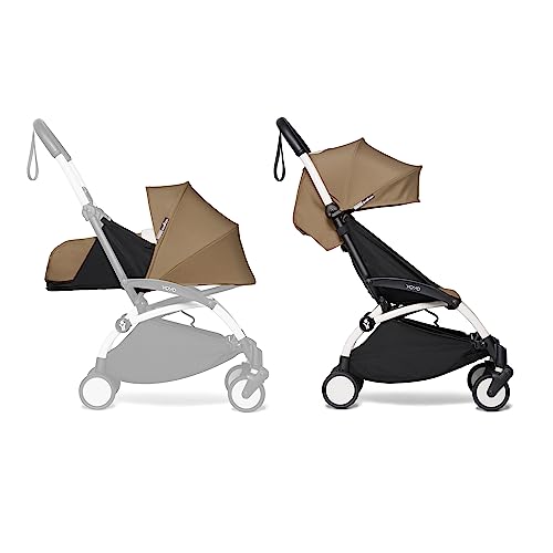 Image of BABYZEN YOYO Foldable Stroller - Includes Newborn Pack (Toffee), White Frame & 6+ Color Pack (Toffee) - Suitable for Newborn Up to 22 kg, Lightweight, Mattress, Canopy, Head Support & Foot Cover