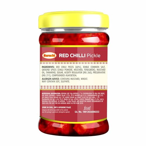 Image of Suruchi Red Chilli Pickle - 500g | Lal Mirchi Ka Achar | Chili Pickle | Ready to Eat Chilly Pickle | Authentic North Indian Flavour | Pure & Natural Ingredients (Pack of 1)