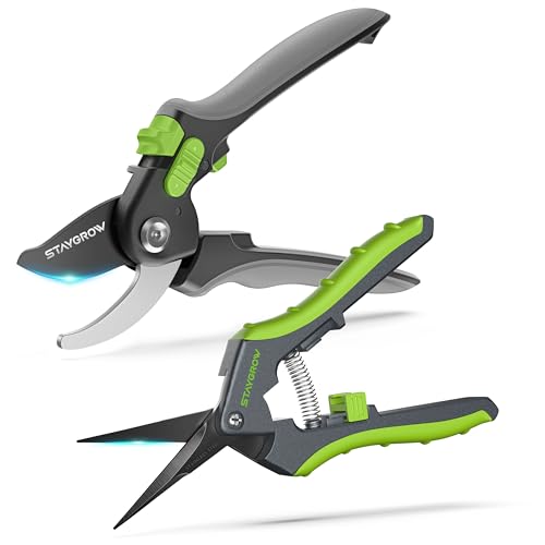 STAYGROW Garden Shears Set: 8.5' Bypass Pruning Shears & 6.5' Straight Trimming Scissors, Ultra-Sharp Garden Scissors with Stainless Steel Blades, Safety Lock, Gardening Gifts for Women Men, 2 Pack
