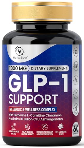 HerbaSpot GLP-1 Supplement 1000 mg with Berberine, L-Carnitine, Ashwagandha - Metabolism Support for Satiety & Craving Control - Probiotics 10 Billion CFU for Gut Health & Healthy Energy – 60 Capsules